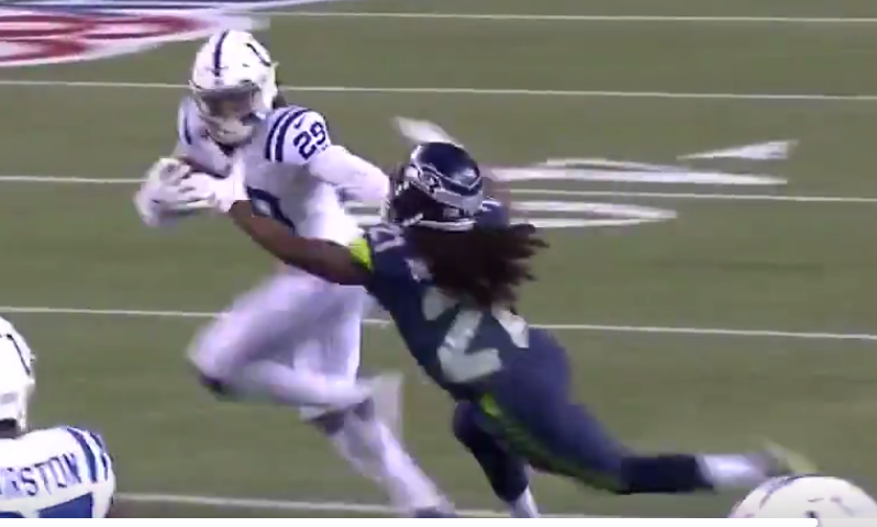 Malik Hooker destroys Seahawks RB with stiff-arm on INT return (VIDEO)